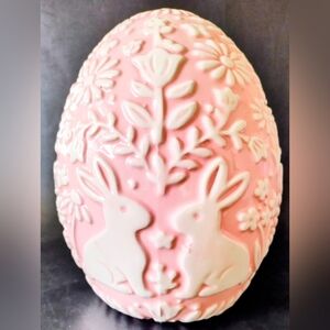 Ceramic Easter Egg Decor Pink White Shabby Chic Farmhouse Floral Rabbits